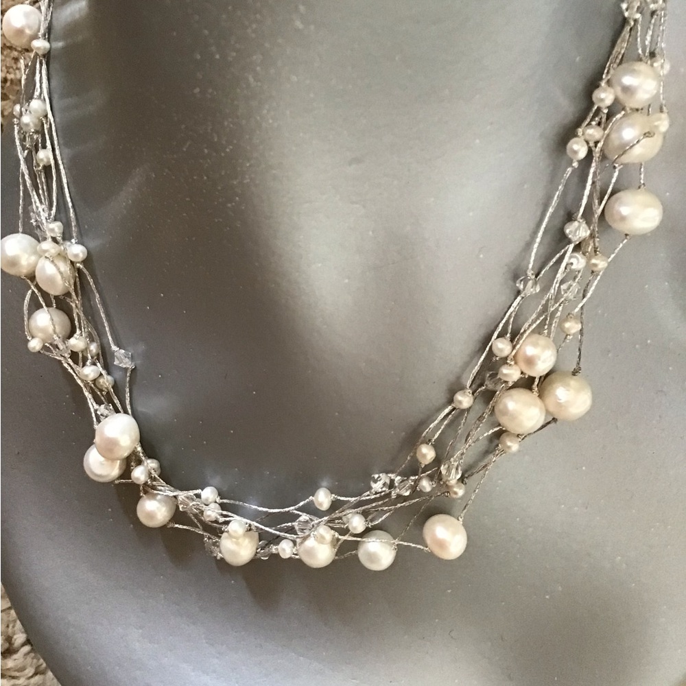 Multi stranded silver &freshwater pearl choker